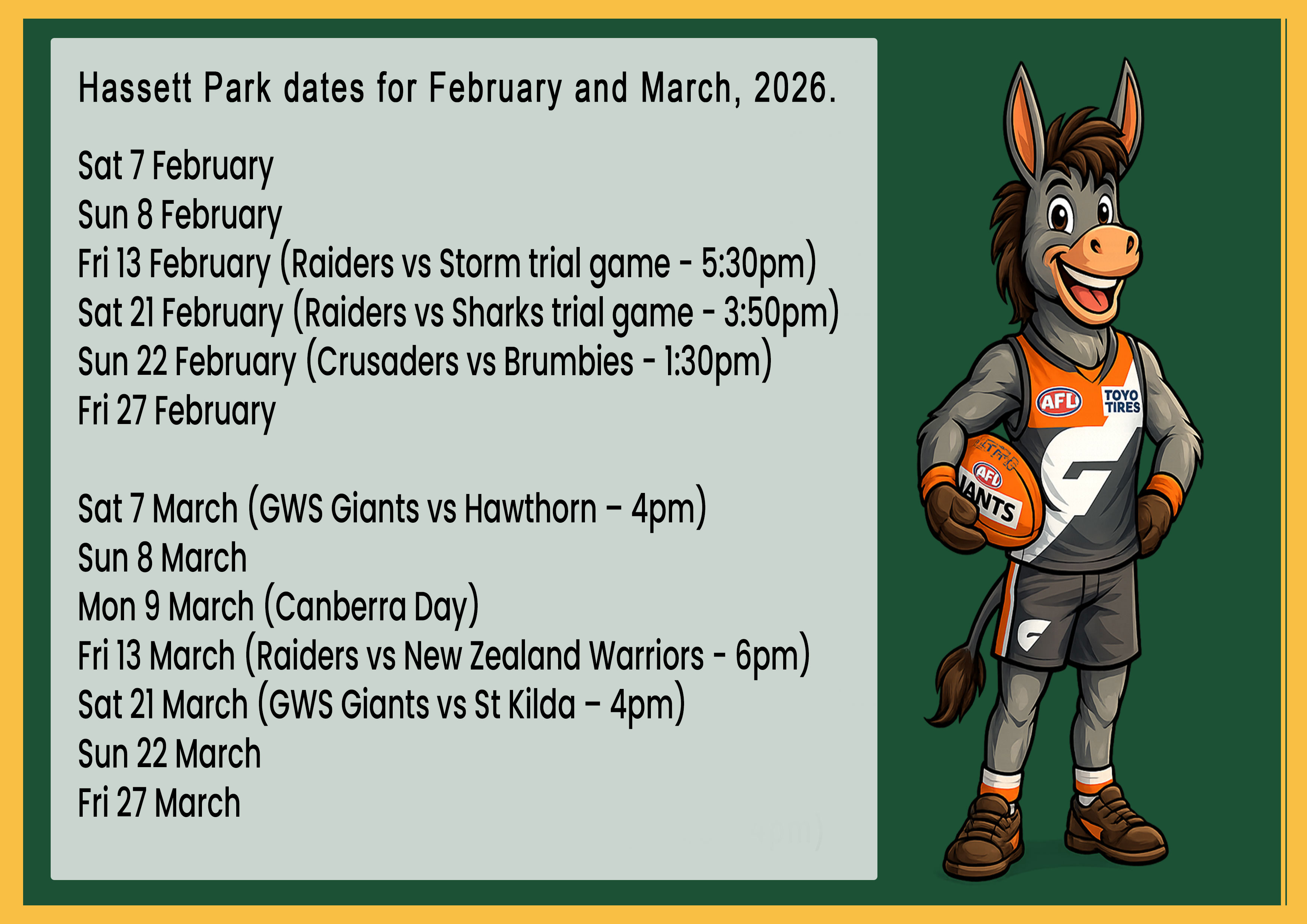 Hassett Park schedule